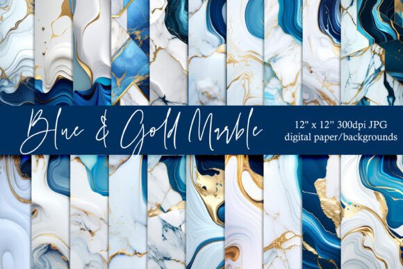 Blue White Gold Marble Backgrounds for Digital Design