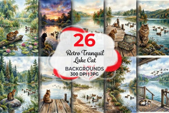 Retro Tranquil Lake Cat Backgrounds: A Designer's Waterside Retreat
