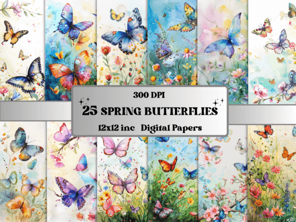 Watercolor Spring Butterfly Backgrounds for Digital Design